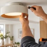 Illustration lumineuse d’un artisan installant un luminaire