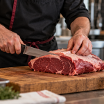 Les mains d’un artisan boucher préparant une pièce de viande