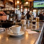 Café servi au comptoir d’un bar-tabac avec écran de courses hippiques